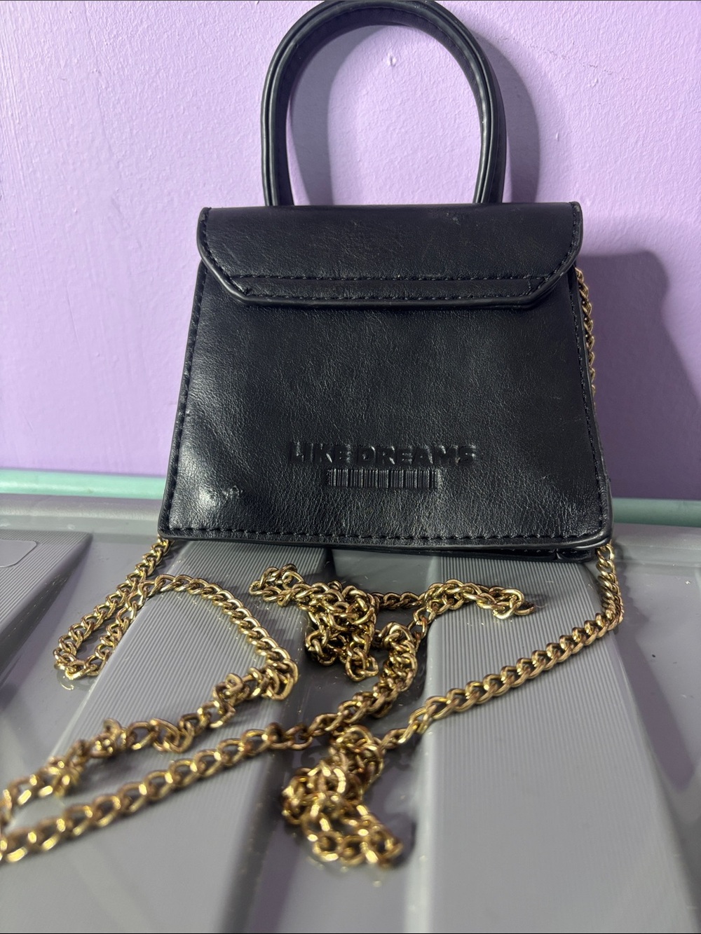 Black Mini Top-Handle Crossbody Bag with Gold Chain